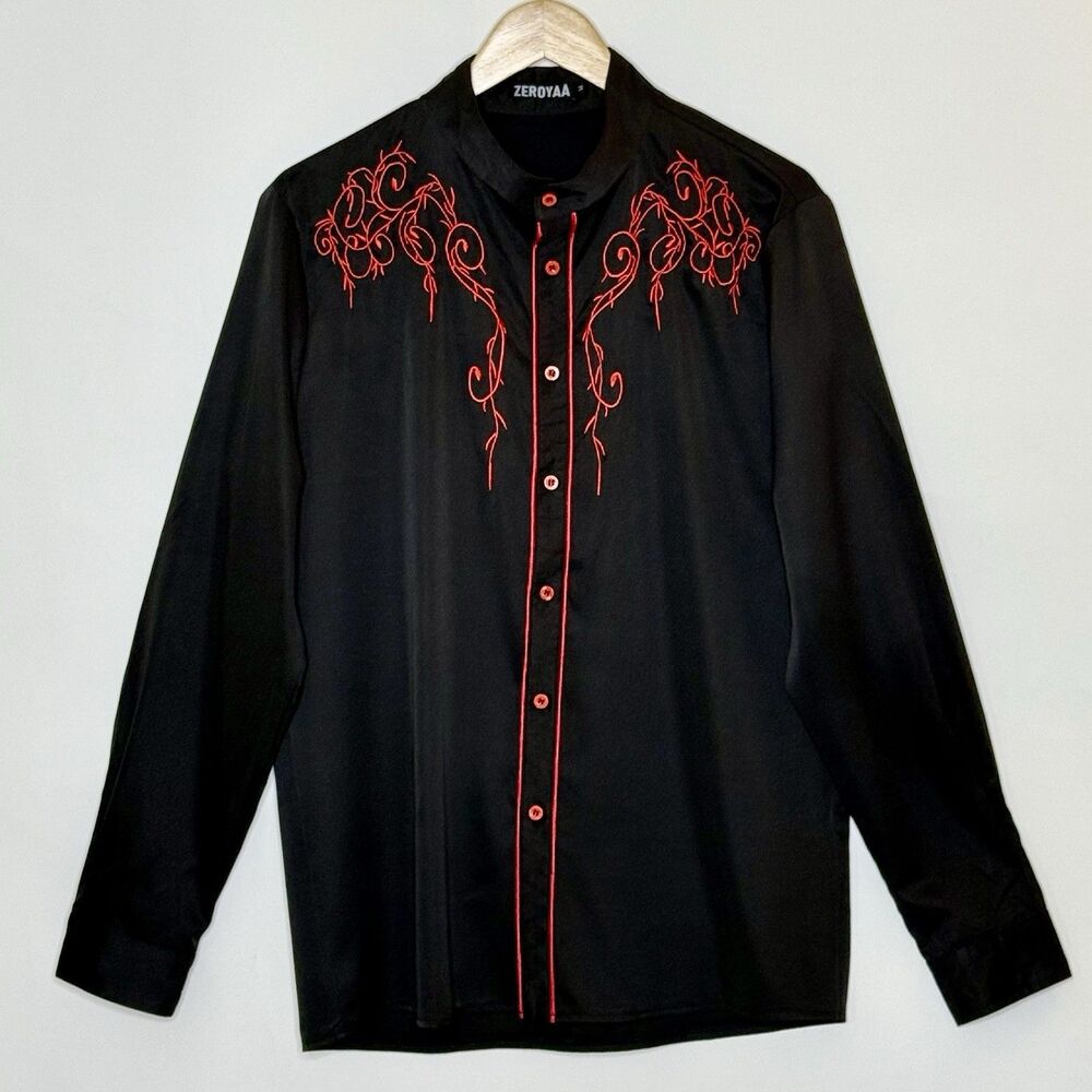 ZEROYAA Slim Fit LS Shirt Men's M Black Red Embroidered Accents Western Hipster